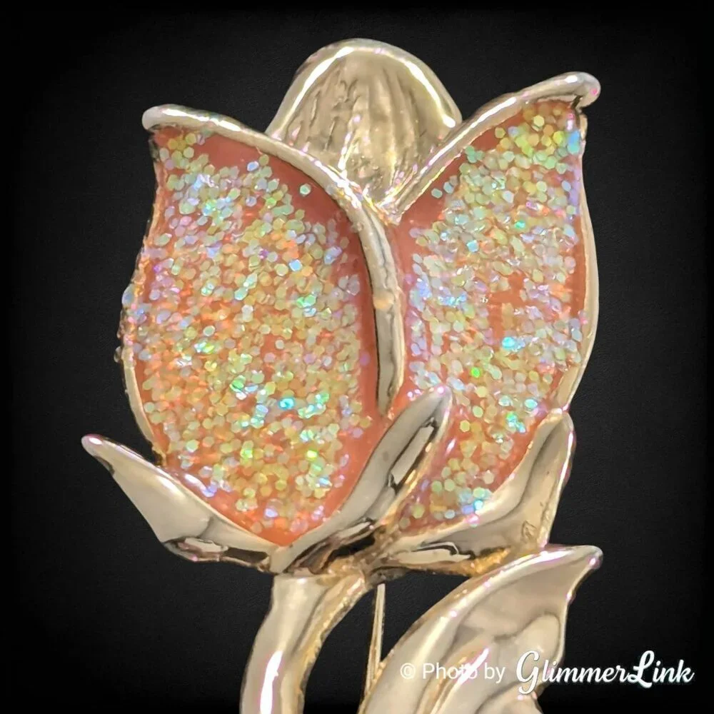 Vintage Peach Enamel Tulip Brooch Gold Tone Glitter Flower Pin